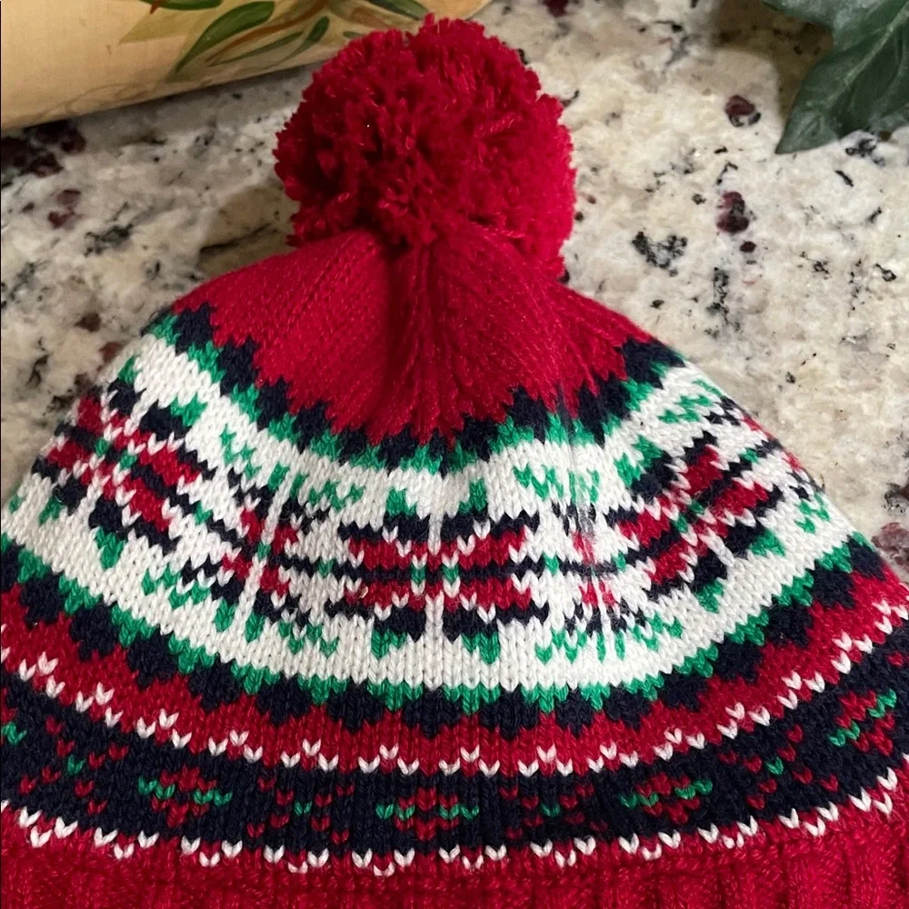 Festive Red Hand Knitted Pom-Pom Hat for Kids w ear flaps /New Fair Isle Beanie